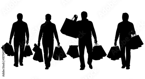 Silhouette of men carrying shopping bags illustrating consumerism and retail activity
