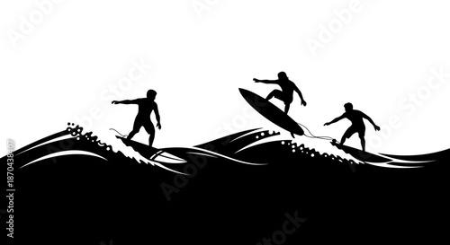 Dynamic Black and White Silhouette: Surfers Riding Waves in a Vector Graphic Style