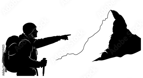 Silhouette of a hiker pointing towards a mountain peak suggesting adventure and ambition