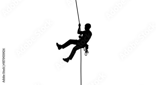 Silhouette of a climber rappelling down a rope against a white background perfect for backgrounds
