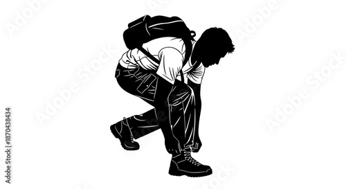 Silhouette of a hiker tying shoelaces on a white background offering adventure and travel themes