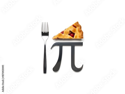 Fork and pie slice with pi symbol on white background