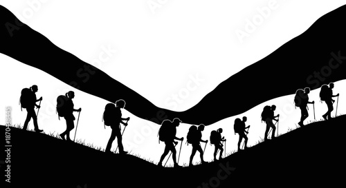 Silhouette of a group of hikers trekking through a mountain pass adventure in nature