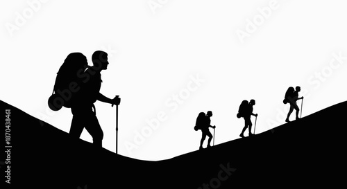 Silhouette of determined hikers climbing a hill with trekking poles in black and white illustration
