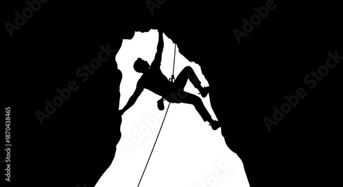 Silhouette of a rock climber scaling a challenging cliff face adventure design