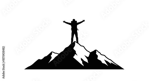 Silhouette of a triumphant hiker standing on a mountain peak celebrating achievement