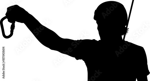 Silhouette of a climber holding a carabiner with helmet and climbing gear ready for rock climbing
