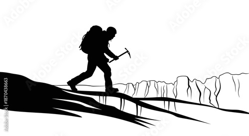 Silhouette of a mountain climber with ice axe ascending a rocky mountain peak