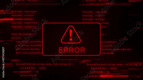 Digital glitch effect overlaying a red warning sign within a code editor displaying C++ syntax and system status messages creating a cybersecurity alert concept