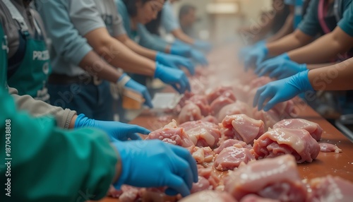 Workers Sorting Meat at Processing Plant with Safety Gloves