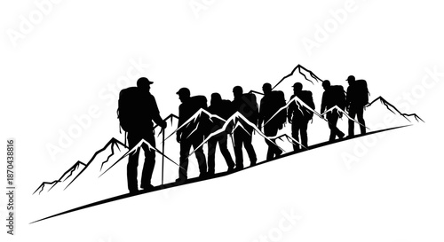 A Group of Hikers Silhouetted Against a Mountain Range in Black and White Style