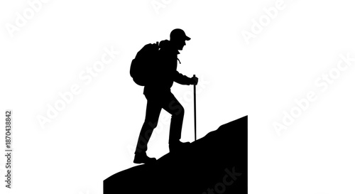Silhouette of hiker with backpack and trekking poles climbing uphill on a trail