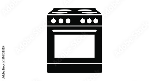 A simple black graphic of a modern kitchen range with burners and oven silhouette