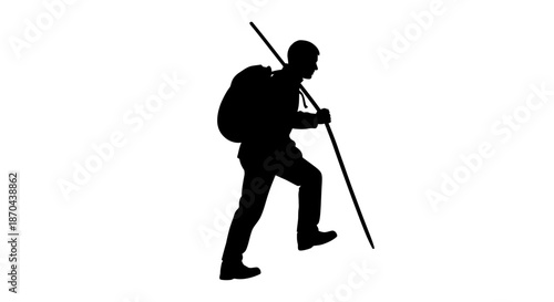 Silhouette of a man hiking with a backpack and trekking pole against a white background portraying