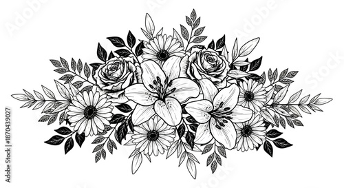 Elegant hand drawn floral arrangement with roses, lilies, daisies and foliage artistic details