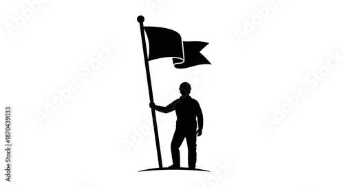 Silhouette of a person planting a flag signifying success or achievement against white background