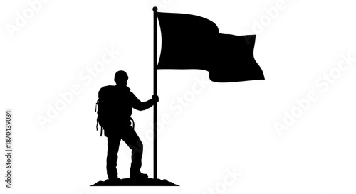 Silhouette of a backpacker placing a flag, symbolizing success and achievement outdoors, perfect