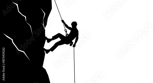Silhouette of a climber rappelling down a rock face against a white background symbolizing adventure