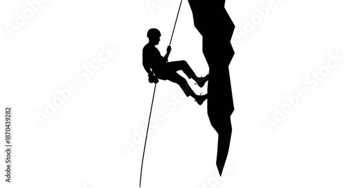 Silhouette of a rock climber rappelling down a cliff face with safety equipment on a white