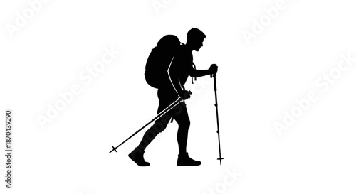 Silhouette of a determined hiker with backpack and trekking poles against white background