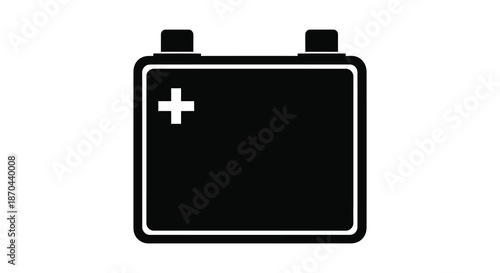 A simple black and white illustration depicting a car battery symbol in a stark silhouette