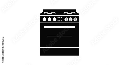A simple black and white illustration depicting a modern kitchen range in stark silhouette