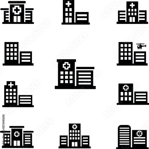 Hospital Building Icon Set – Medical Healthcare Facilities Solid Black Symbols. Solid black hospital and medical building icon set featuring clinics, healthcare centres, emergency facilities.