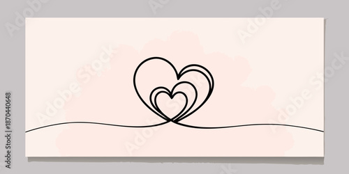 A delicate line art illustration featuring nested hearts on a pink background