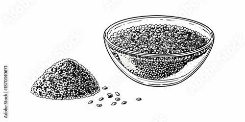 A sketch depicting a bowl and pile of tiny dark colored seeds