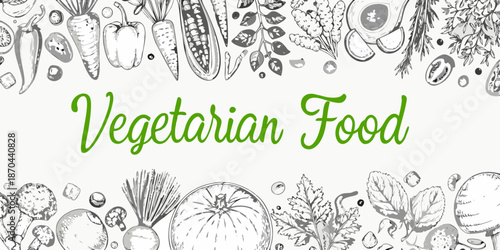 A charming sketch of various fresh vegetables and fruits with vegetarian food