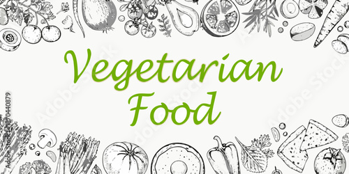 Vegetarian food illustration with various fruits vegetables and a cheese slice