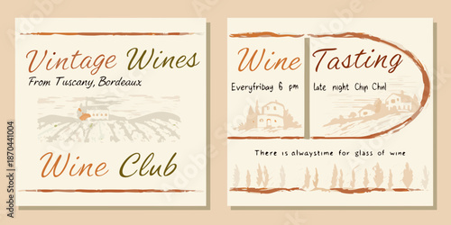 Vintage wine posters advertising tasting events and wine club memberships