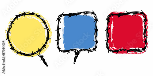 Three colorful shapes circle square and rectangle outlined with barbed wire