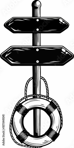 Vintage nautical signpost with directional arrows and a life preserver base