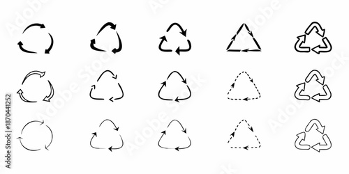 Collection of recycling symbols in various shapes and orientations black and white