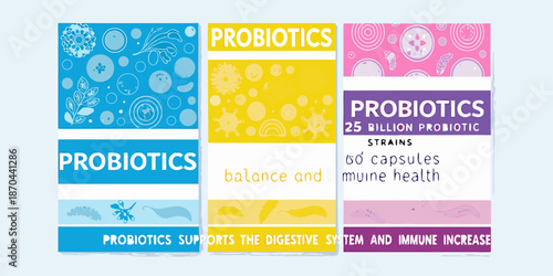 Colorful probiotic supplement packaging designs with health benefit text displayed