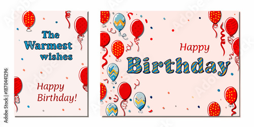Festive birthday cards with balloons and celebratory text decorations