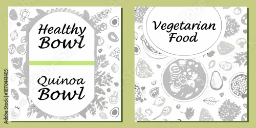 Two promotional cards highlighting healthy vegetarian quinoa bowl options are displayed