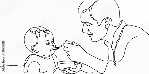A father lovingly feeding his baby with a spoon in a simple drawing