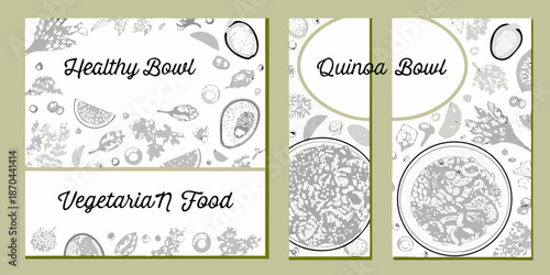 Illustrative designs for healthy vegetarian quinoa and fruit bowls food promotions