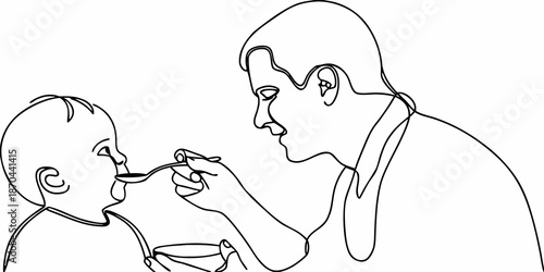 A father lovingly feeds a baby with a spoon in a simple line drawing