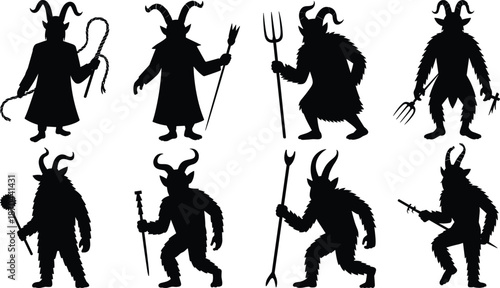 Horned humanoid silhouettes, mythical figures, weapon holding, black outline, folklore creature, demon design, fantasy icon, dark theme, minimal style