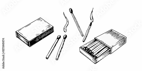 A sketch of matches a matchbox and one lit match with smoke