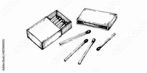 Sketch of an open matchbox with several matches scattered nearby