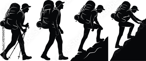 Hiker silhouettes, mountain climbing, outdoor gear, trekking poles, steep terrain, black outline, adventure, motion, posture, minimal design, nature