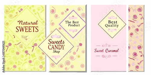 Decorative banner set with sweets candy and floral patterns in pastel colors
