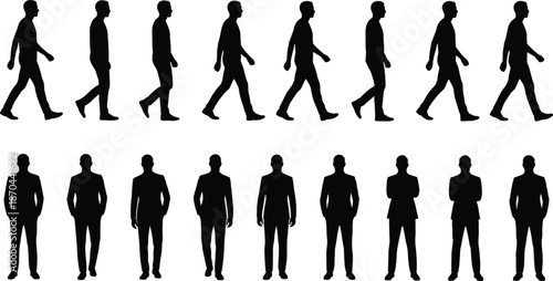 Male silhouettes, walking cycle, standing poses, formal attire, black outline, posture study, gesture design, minimal style, character motion reference