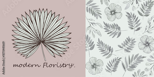 Elegant floral pattern featuring palm leaves and delicate poppy flower sketches