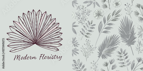 Elegant floral pattern with sketched leaves and a prominent central bloom