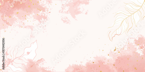 Soft pink watercolor background with gold leaf accents and delicate botanical elements